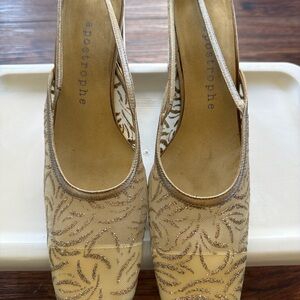 Apostrophe Gold Glitter Slingback Heels – Square Toe, Size 7M
